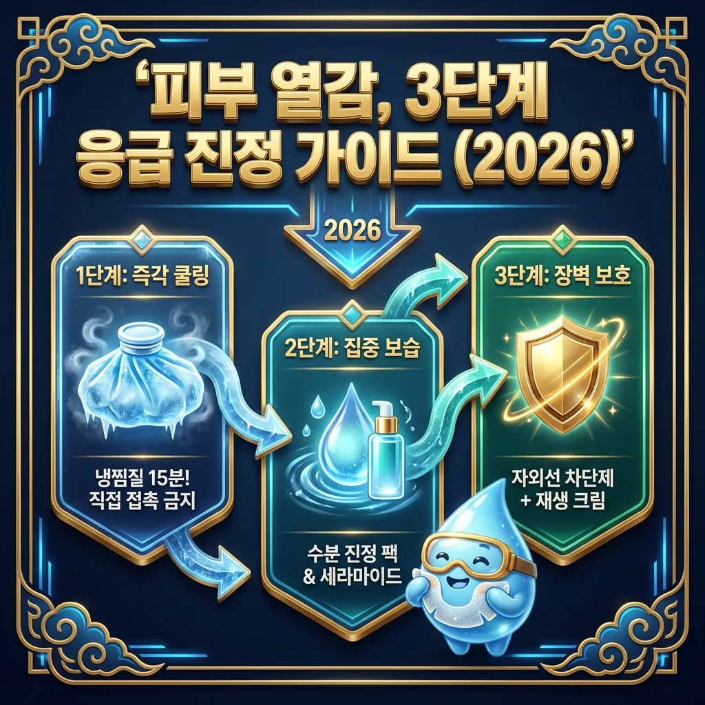 여름철 피부 열감을 효과적으로 관리하기 위한 3단계 긴급 진정 가이드 인포그래픽. 즉각 냉각, 집중 보습, 피부 장벽 보호 단계를 아이콘과 함께 설명하며, 각 단계별 핵심 관리법과 성분을 제시한다.