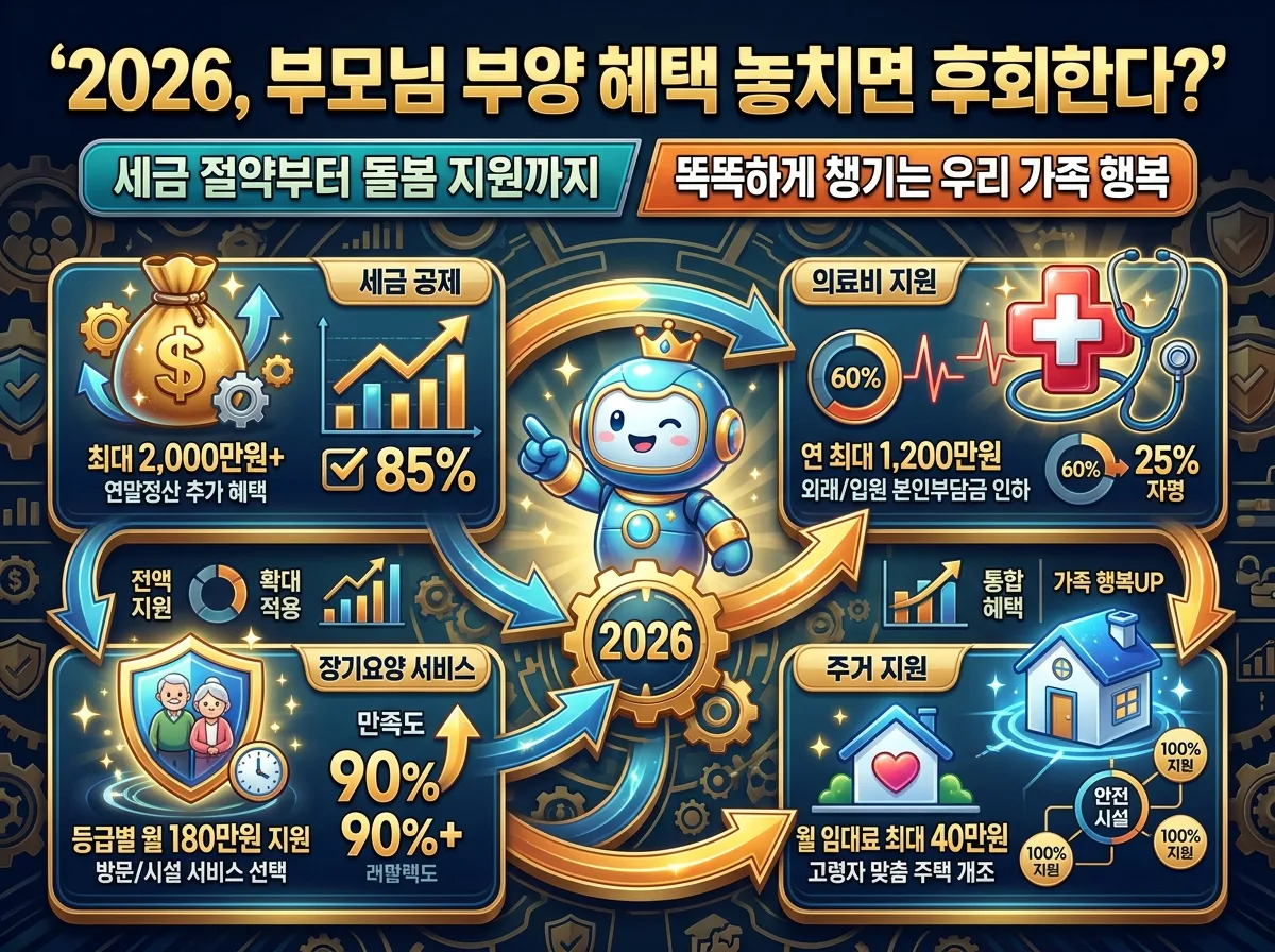 2026년 장기요양보험 신청부터 등급 판정, 서비스 이용까지 5단계 절차를 설명하는 인포그래픽 가이드 포스터.