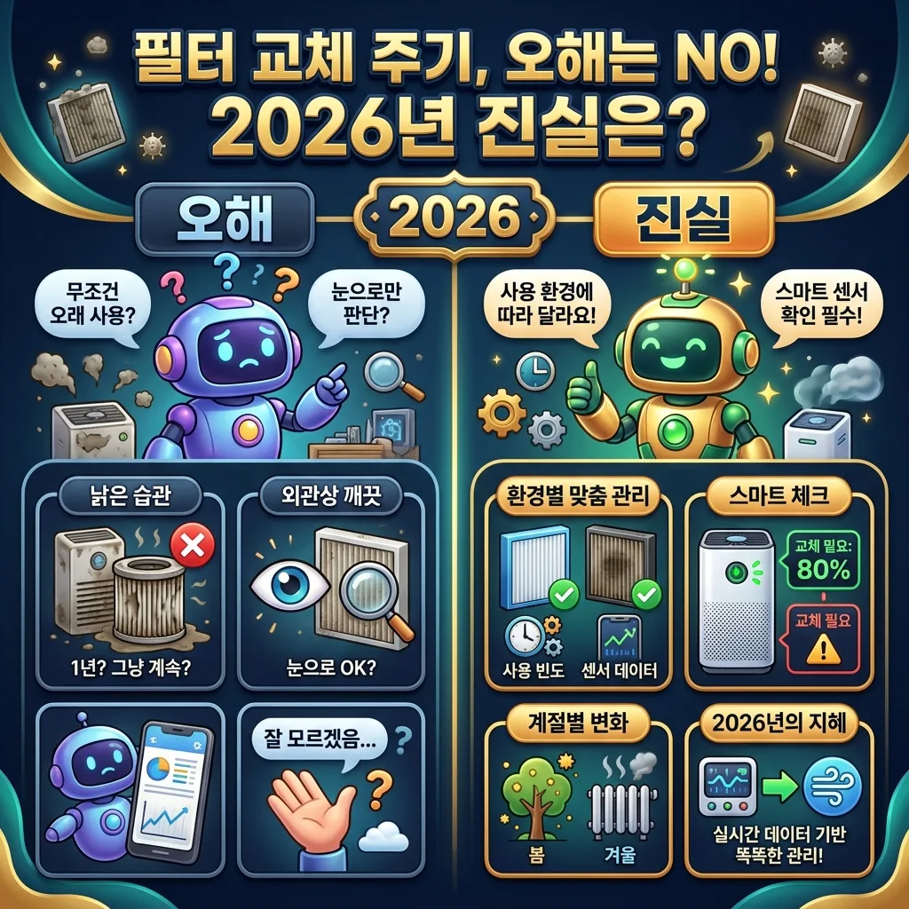 2026년 공기청정기 필터 교체 주기에 대한 흔한 오해와 정확한 사실을 비교하며 계절별 관리의 중요성을 강조하는 인포그래픽.