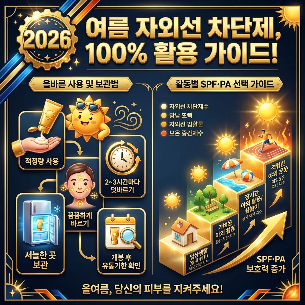 2026년 여름 선크림의 올바른 사용법, 보관법 및 활동별 SPF·PA 선택 가이드를 담은 정보성 포스터. 적정량 사용, 덧바르기, 보관 조건, 그리고 일상생활부터 격렬한 야외 활동까지 상황에 맞는 선크림 선택 팁을 친근한 아이콘과 한글 라벨로 가득 채워 효과적인 선크림 활용법을 안내합니다.