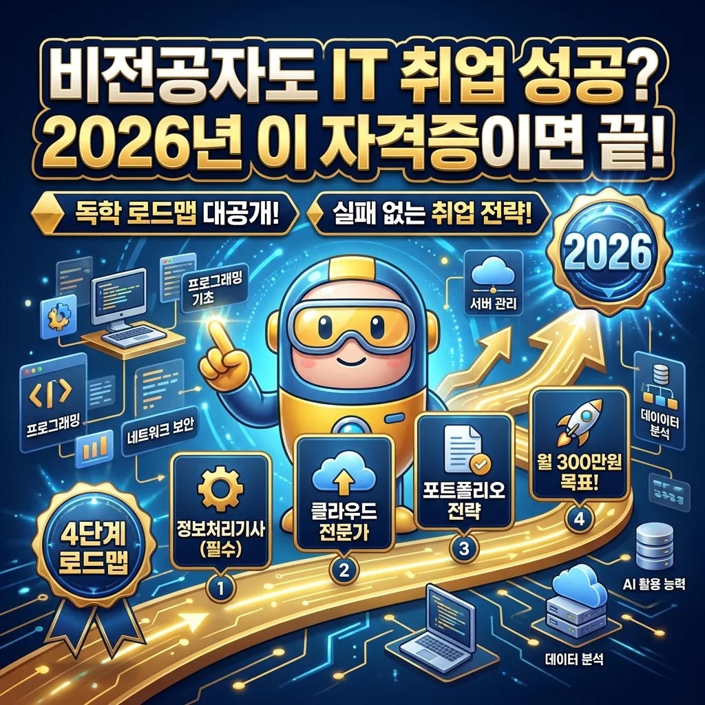 2026년 비전공자를 위한 IT 취업 성공 전략을 담은 인포그래픽 포스터. '비전공자도 IT 취업 성공? 2026년 이 자격증이면 끝!'이라는 큰 제목과 함께 독학 로드맵, 정보처리기사, 클라우드, 포트폴리오 등 핵심 키워드와 목표 월급이 아이콘과 숫자로 시각화되어 있다. 친근한 3D 캐릭터가 로드맵을 가리키고 있다.