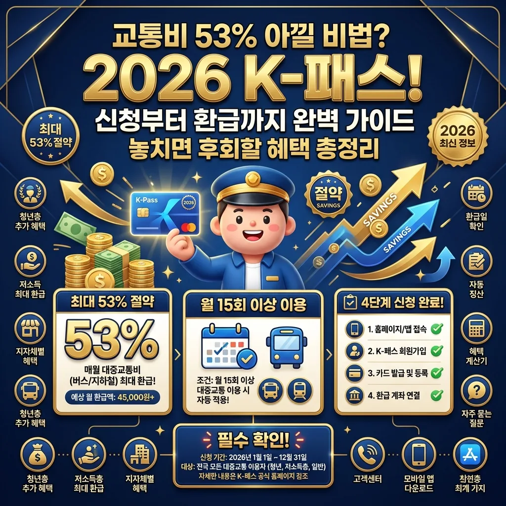 2026년 K-패스 환급 제도를 소개하는 화려한 인포그래픽 포스터. '교통비 53% 아낄 비법? 2026 K-패스!'라는 강력한 한글 헤더와 함께, 최대 53% 절약, 월 15회 이용 조건, 4단계 신청 과정을 안내하는 정보 카드들이 가득하며, 친근한 캐릭터가 K-패스 카드를 들고 미소 짓고 있다. 2026년 최신 정보 배지가 강조되어 있다.