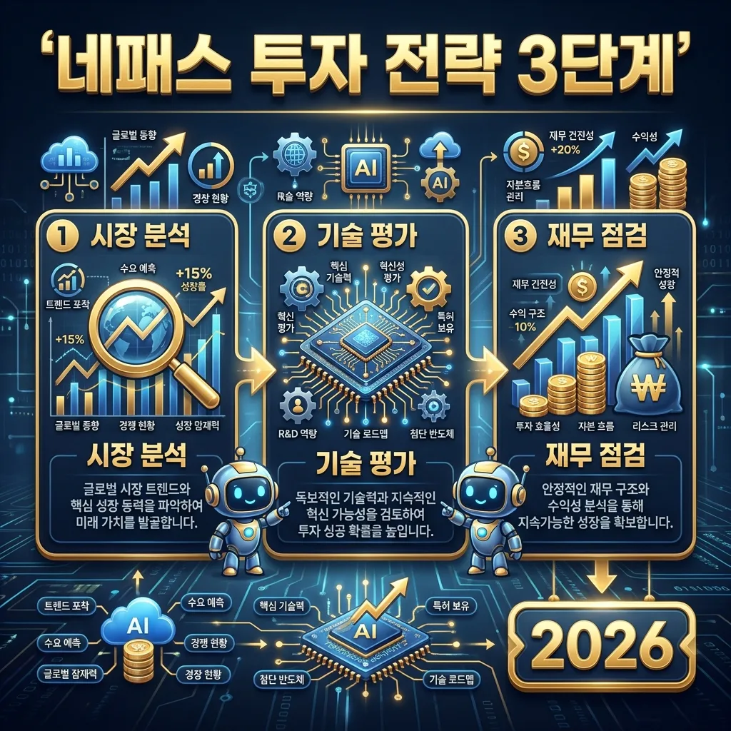 첨단 반도체 패키징 기술인 FOPLP와 CoWoS를 명확하게 비교하는 정보성 인포그래픽. 각 기술의 핵심 특징과 장점을 아이콘과 함께 시각화하며, 친근한 기술자 캐릭터가 설명하는 포스터.