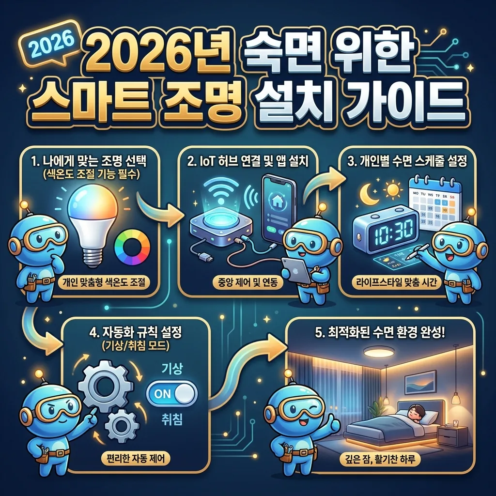 2026년 숙면을 위한 스마트 조명 시스템 설치 과정을 단계별로 안내하는 인포그래픽 포스터. '2026년 숙면 위한 스마트 조명 설치 가이드 ✅'라는 제목 아래, 조명 선택, IoT 허브 연결, 수면 스케줄 설정, 자동화 규칙 설정, 그리고 최적화된 수면 환경 완성까지의 5단계가 각각의 아이콘과 설명으로 시각화되어 있다. 친근한 캐릭터가 각 단계를 안내하며 2026년 배지가 포함된 풍부한 정보의 디자인.