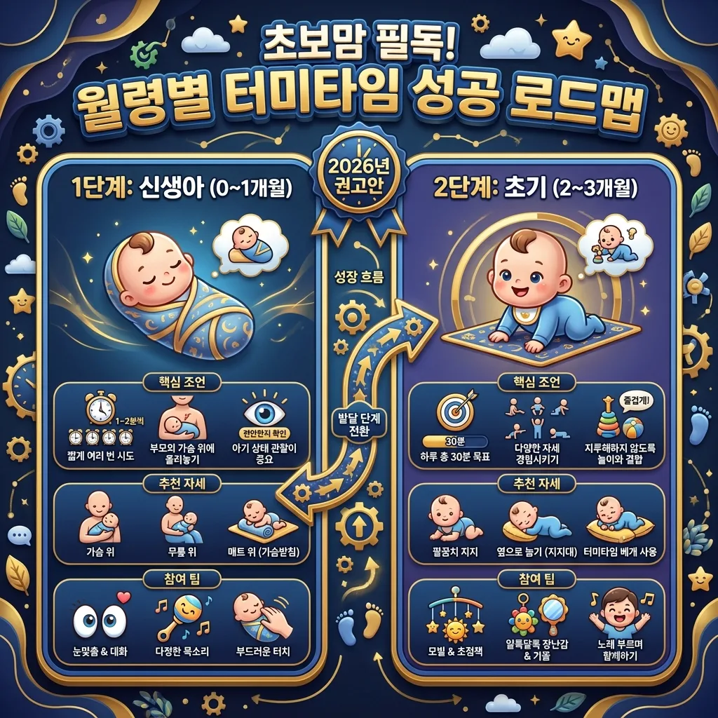 신생아(0~1개월)와 초기(2~3개월) 월령별 터미타임 진행 가이드와 안전한 자세, 권장 시간 등을 상세하게 안내하는 인포그래픽 포스터.