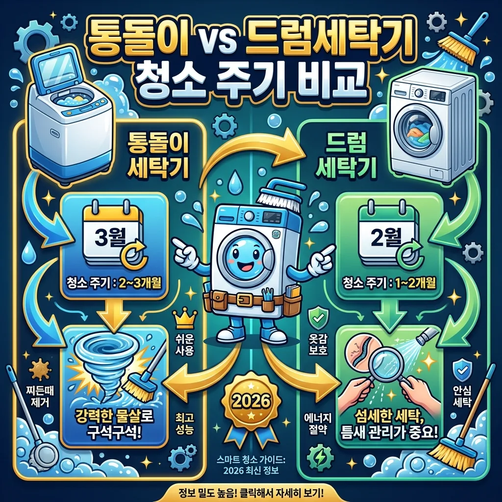 통돌이 세탁기와 드럼세탁기의 청소 주기를 비교하는 인포그래픽. 통돌이는 2~3개월, 드럼은 1~2개월 주기를 명확히 보여주며, 각 세탁기의 특징과 청소 관리 중요성을 아이콘과 함께 시각화합니다.