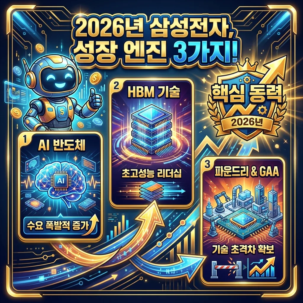 2026년 삼성전자 주식 투자 전 반드시 점검해야 할 핵심 요인들을 체크리스트 형태로 보여주는 정보성 인포그래픽. 반도체 사이클 회복, AI 반도체 수혜, 파운드리 기술 경쟁력, 거시 경제 환경 등 네 가지 주요 변수를 아이콘과 함께 제시하여 투자자가 고려해야 할 사항을 명확히 안내합니다.
