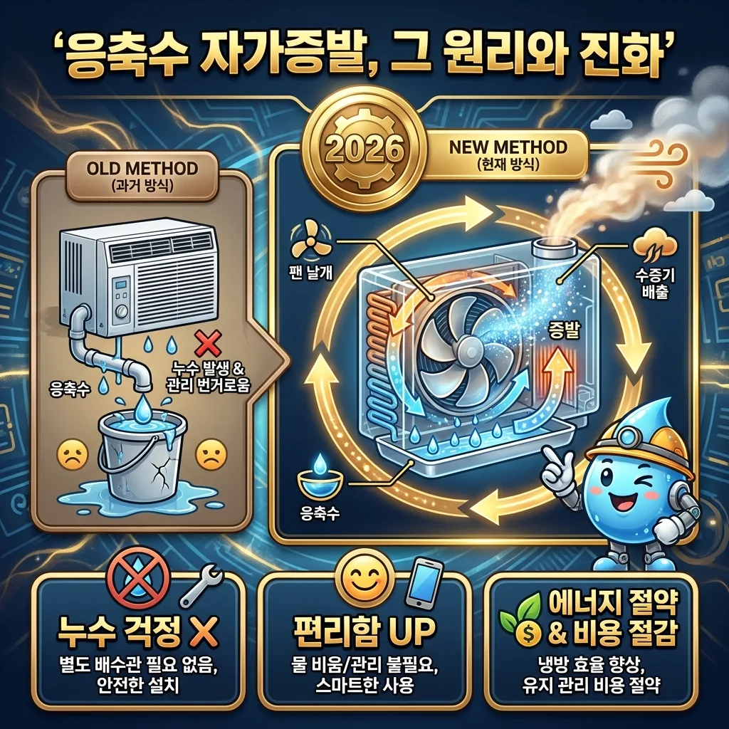 창문형 에어컨의 응축수 자가증발 기술 원리와 진화 과정을 시각화한 인포그래픽 포스터. 응축수가 팬 날개에 의해 증발하는 과정을 단계별로 보여주며, 기존 방식과의 차이점과 '누수 걱정 없음', '편리함 상승' 등의 혜택을 강조합니다.
