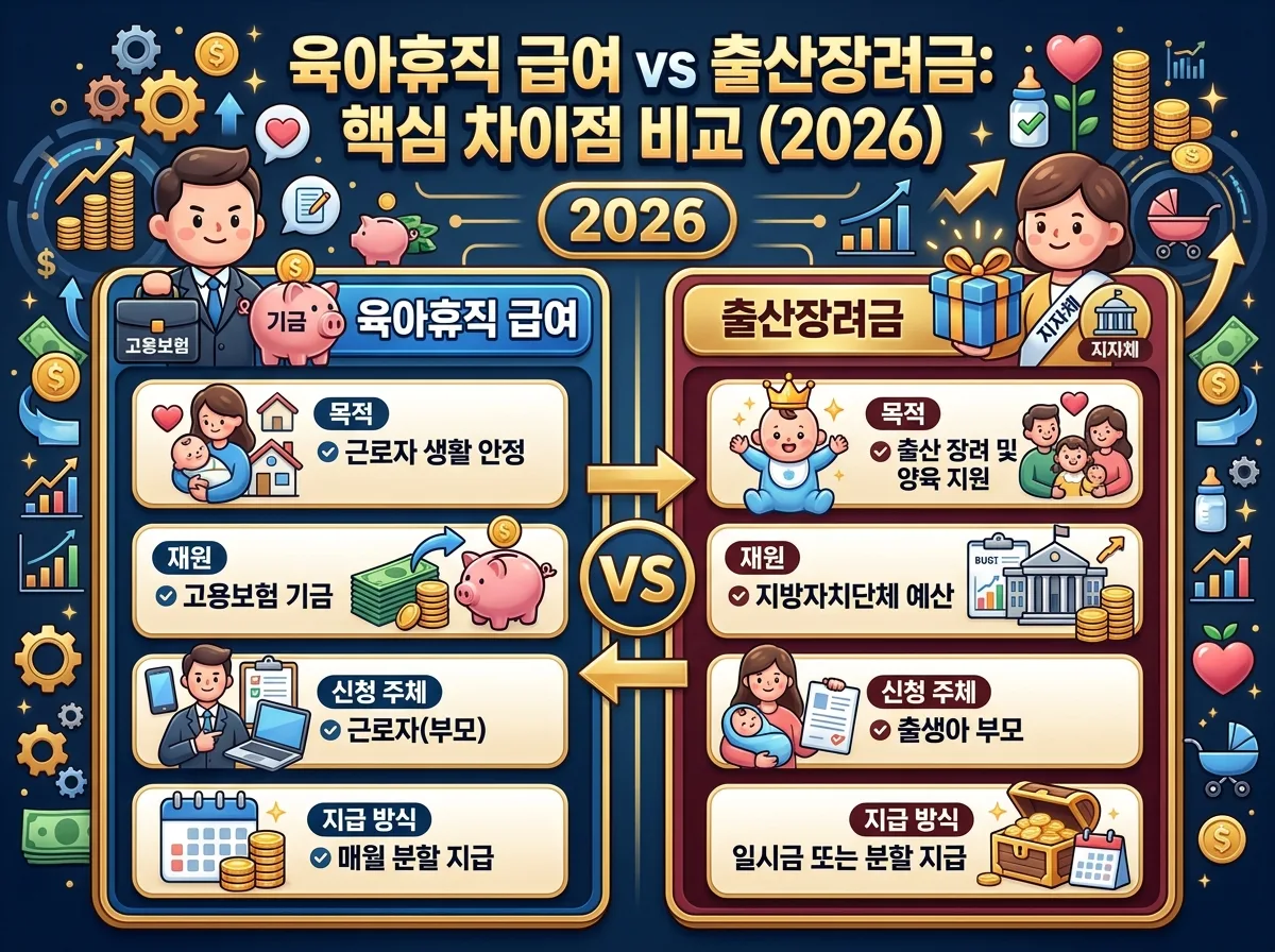 2026년 육아휴직 급여와 출산장려금의 신청 절차를 단계별로 설명하는 강렬한 인포그래픽 포스터. 각 단계는 아이콘과 한글 라벨로 시각화되어 있으며, 친근한 3D 카툰 캐릭터가 절차를 안내하는 정보가 꽉 찬 구성입니다.