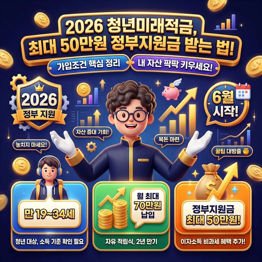 2026년 청년미래적금과 청년도약계좌의 주요 혜택을 비교하는 인포그래픽 포스터. 각 상품의 특징, 정부지원금, 비과세 혜택, 목돈 마련 목표 등을 시각적으로 구분하여 나에게 유리한 선택을 돕는 정보를 꽉 채웠습니다.
