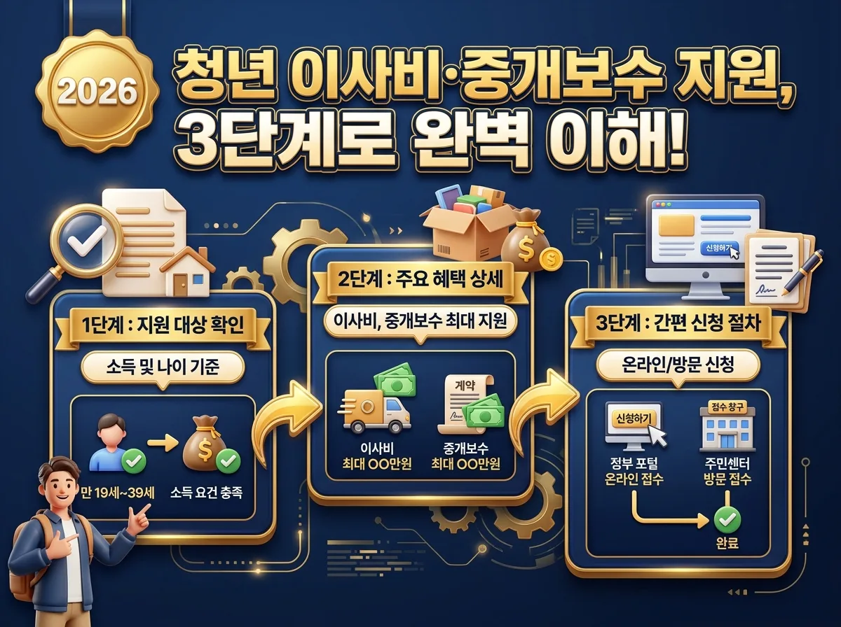 2026년 하반기 청년 이사비 및 중개보수 지원 신청을 위한 핵심 체크리스트를 담은 인포그래픽입니다. 신청 기간, 필요 서류, 지자체별 조건 비교, 온라인 신청 연습 등 성공적인 신청을 위한 네 가지 필수 준비사항을 아이콘과 함께 강조합니다.