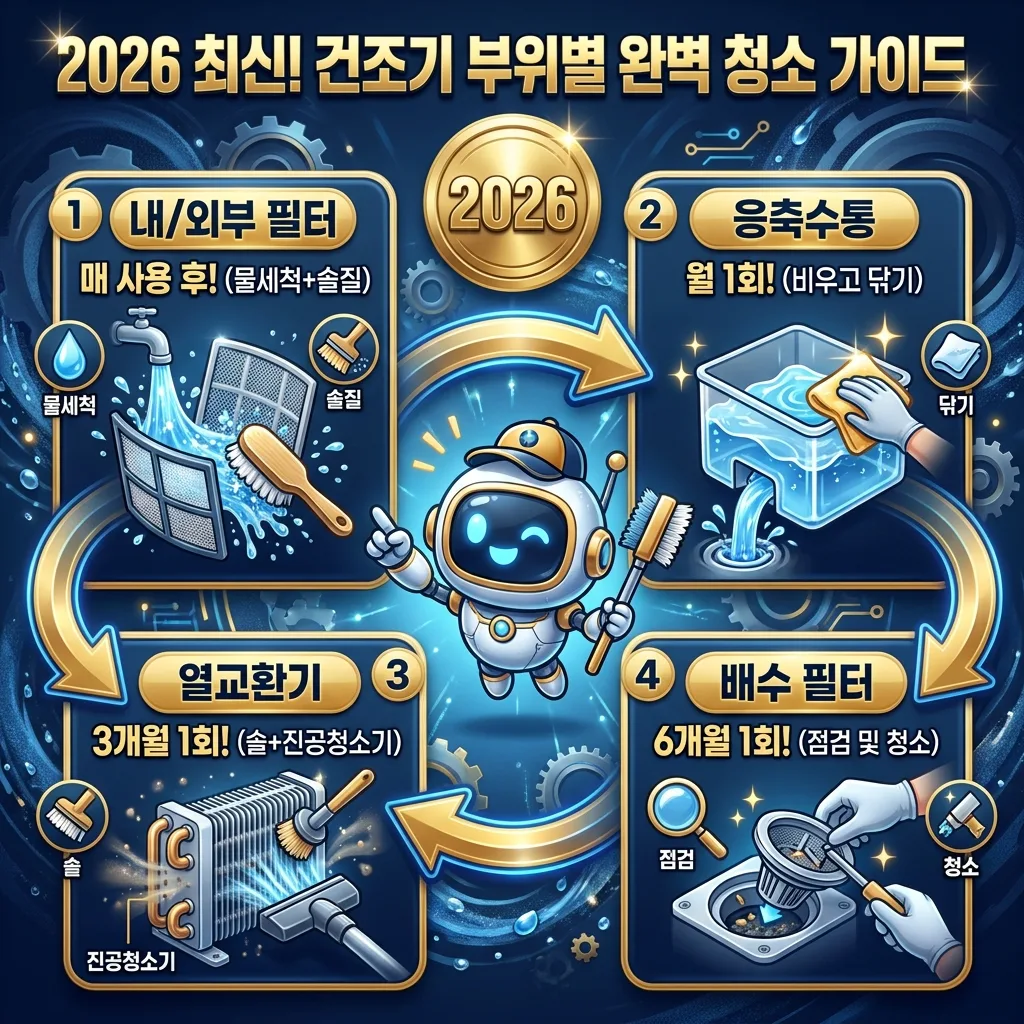 2026년 최신 건조기 부위별 완벽 청소 가이드를 시각화한 인포그래픽 포스터. '2026 최신! 건조기 부위별 완벽 청소 가이드'라는 헤더 아래, 내/외부 필터, 응축수통, 열교환기, 배수 필터의 권장 청소 주기(매 사용 후, 월 1회, 3개월 1회, 6개월 1회)와 청소 방법을 아이콘과 함께 설명한다. 청소하는 로봇 캐릭터가 가이드를 돕고 있다.