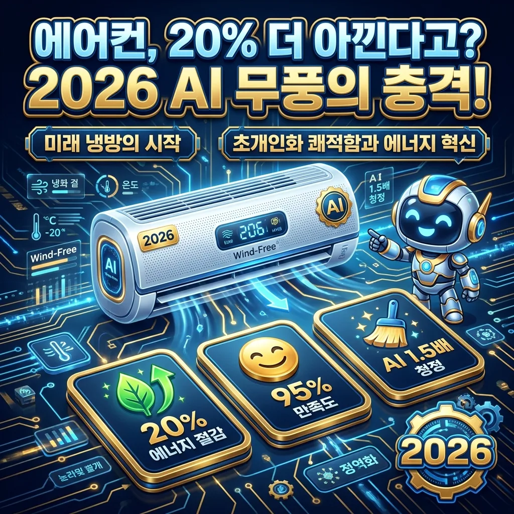 2026 삼성 AI 무풍에어컨의 혁신적인 에너지 절감과 초개인화된 쾌적함을 강조하는 정보성 포스터 이미지