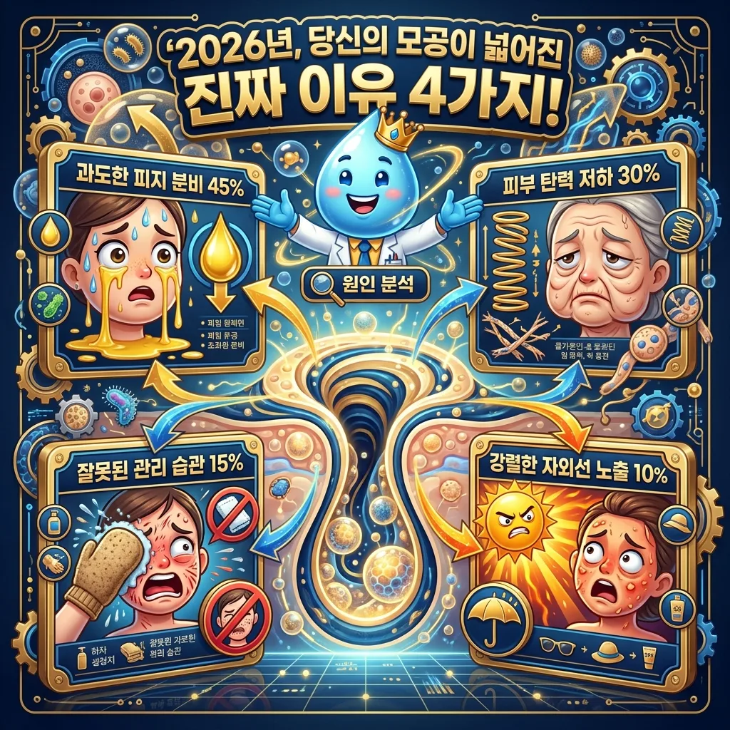 2026년 최신 데이터에 기반한 넓어진 모공의 주요 원인 4가지(피지, 탄력 저하, 관리 습관, 자외선)를 시각적으로 보여주는 인포그래픽 이미지.