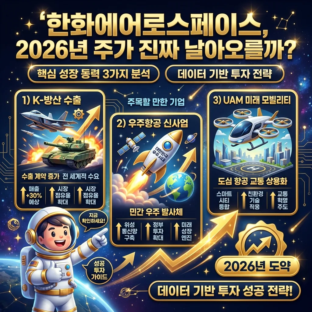 한화에어로스페이스의 2026년 주가 상승을 이끌 3가지 핵심 성장 동력인 K-방산 수출, 우주 사업, UAM 신사업을 각 아이콘과 설명으로 구분하여 보여주는 정보성 인포그래픽 포스터.