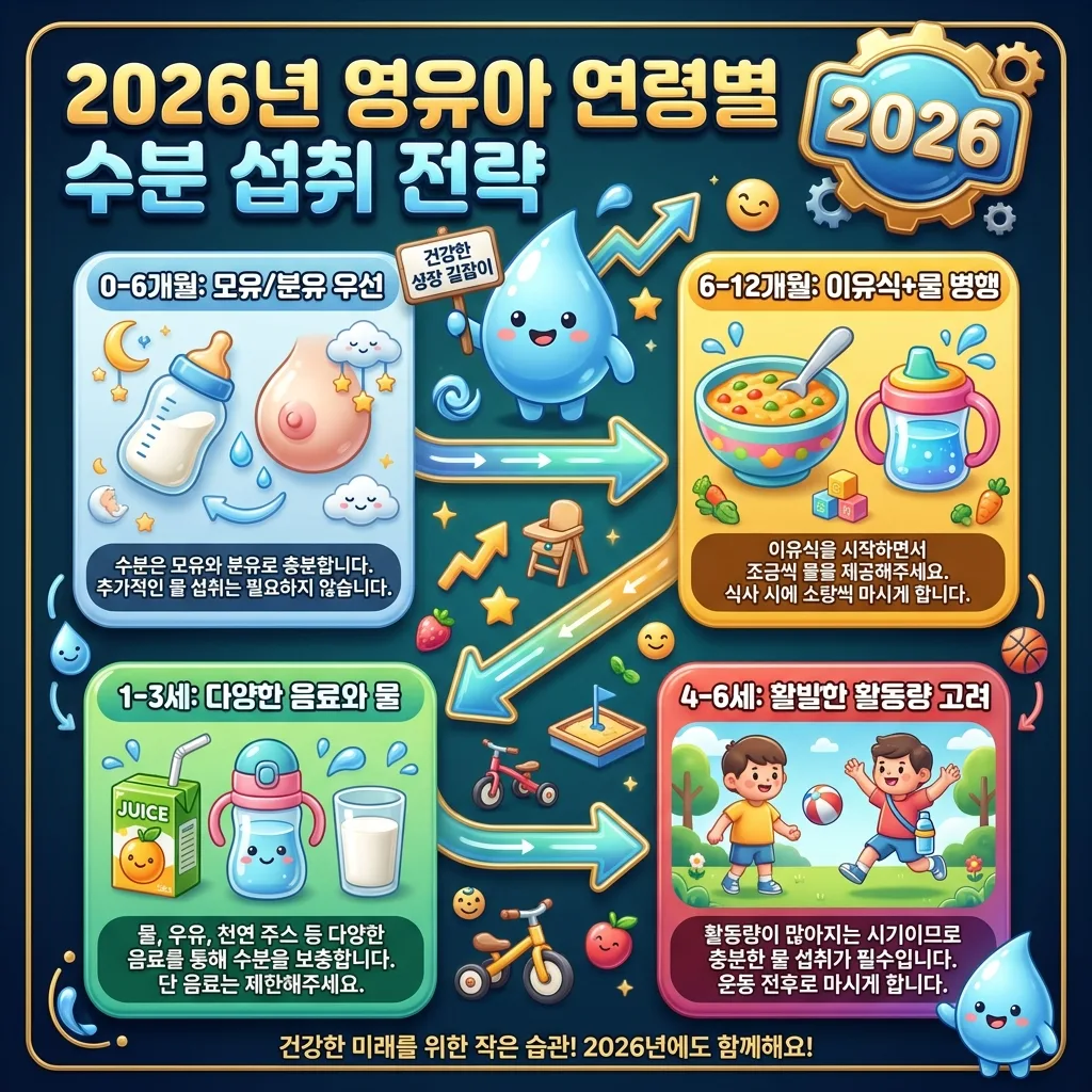 2026년 영유아의 성장 단계별로 필요한 수분 섭취 전략을 시각화한 인포그래픽. 모유, 이유식, 물 등 각 연령대에 맞는 핵심 수분 공급원과 방법을 친근한 캐릭터가 설명합니다.