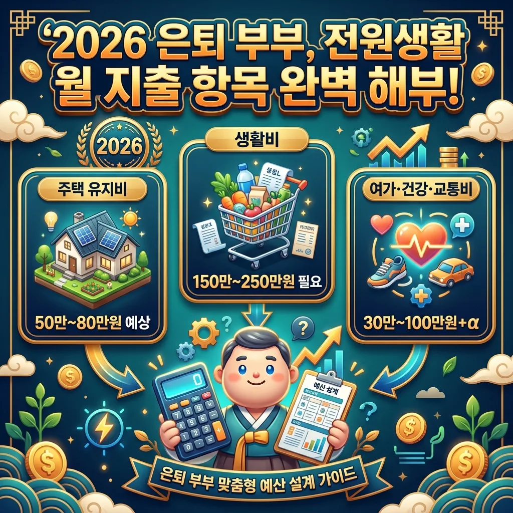 2026년 은퇴 부부의 전원생활을 위한 월별 예상 지출 항목을 세분화하여 보여주는 정보성 이미지. 주택 유지비, 생활비, 여가·건강·교통비 등 주요 비용을 아이콘과 함께 시각화하여 현실적인 월별 재정 계획을 돕습니다.