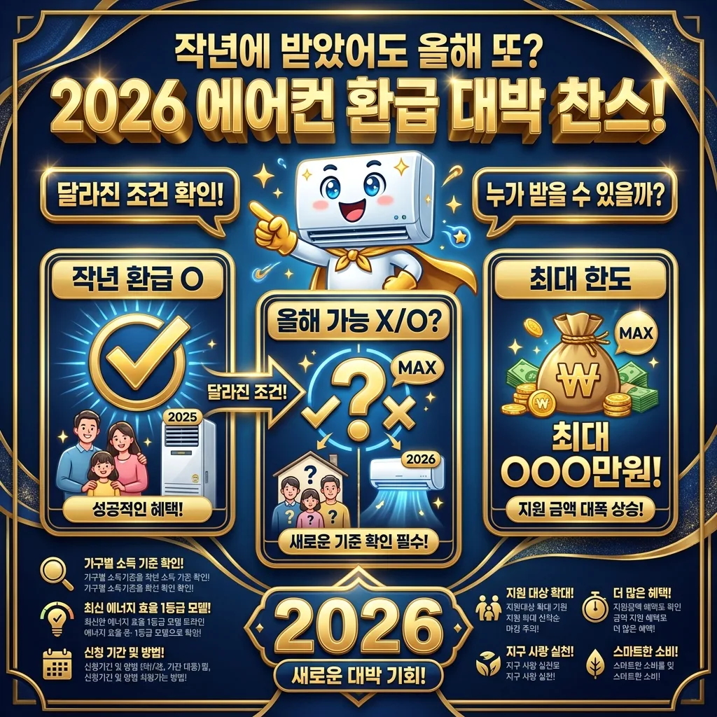 2026년 고효율 가전제품 환급 사업이 작년과 비교하여 어떤 주요 변경사항이 있는지, 그리고 재신청 가능 여부 및 대상 품목의 변화를 한눈에 보여주는 인포그래픽입니다.