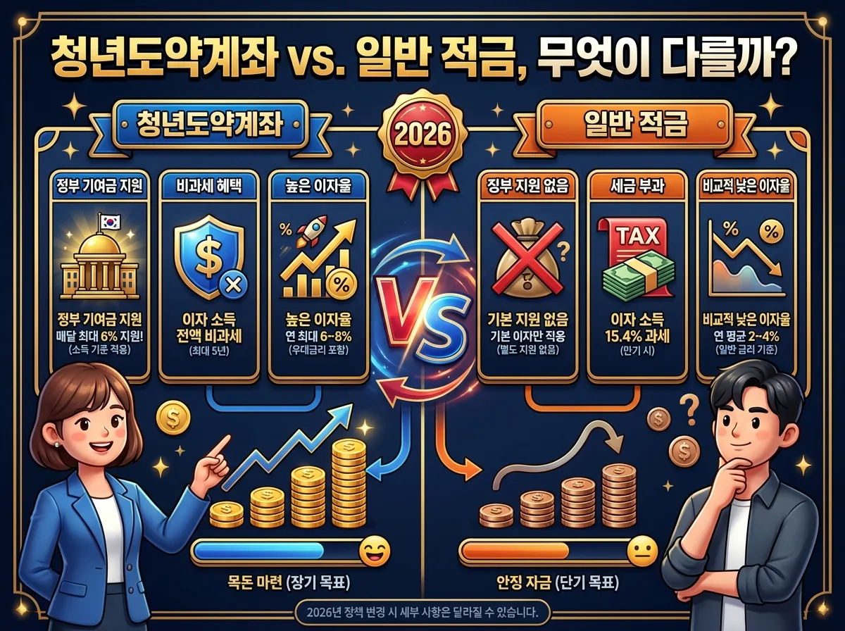 2026년 청년도약계좌와 일반 적금을 비교하여 청년도약계좌의 차별화된 장점을 명확히 보여주는 인포그래픽 포스터입니다. 정부 기여금 지원, 비과세 혜택, 높은 이자율 등 청년도약계좌의 주요 특징을 일반 적금과 대비시켜 시각적으로 이해하기 쉽게 구성하였으며, 자산 형성에 대한 현명한 선택을 돕는 친근한 캐릭터가 포함되어 있습니다.