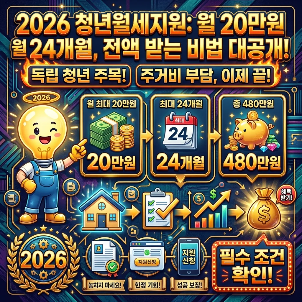 2026년 청년월세지원 전액 수령을 위한 3가지 핵심 조건을 시각화한 인포그래픽 포스터. '소득 기준', '자산 기준', '무주택 요건'이 각각의 아이콘과 간결한 설명으로 제시되어 있다. 친근한 캐릭터가 조건을 안내하며, 조건을 충족하면 전액 지원을 받을 수 있음을 화살표로 보여준다. '2026'년도 배지가 포함되어 있다.