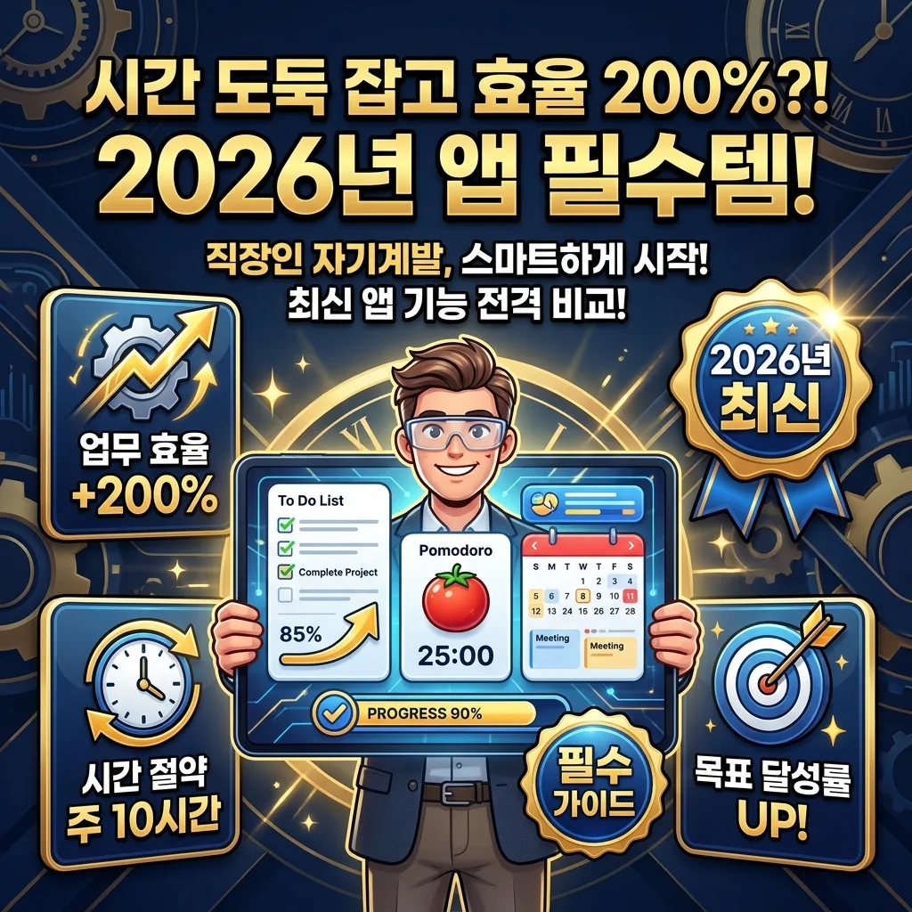 2026년 직장인 자기계발을 위한 최신 시간관리 앱을 소개하는 꽉 찬 인포그래픽 포스터. '시간 도둑 잡고 효율 200%?! 2026년 앱 필수템!' 문구와 함께 스마트폰을 든 활기찬 3D 직장인 캐릭터가 업무 효율 200%, 시간 절약 10시간, 목표 달성률 UP 등 핵심 정보를 담은 카드와 2026년 배지 옆에 서 있다.