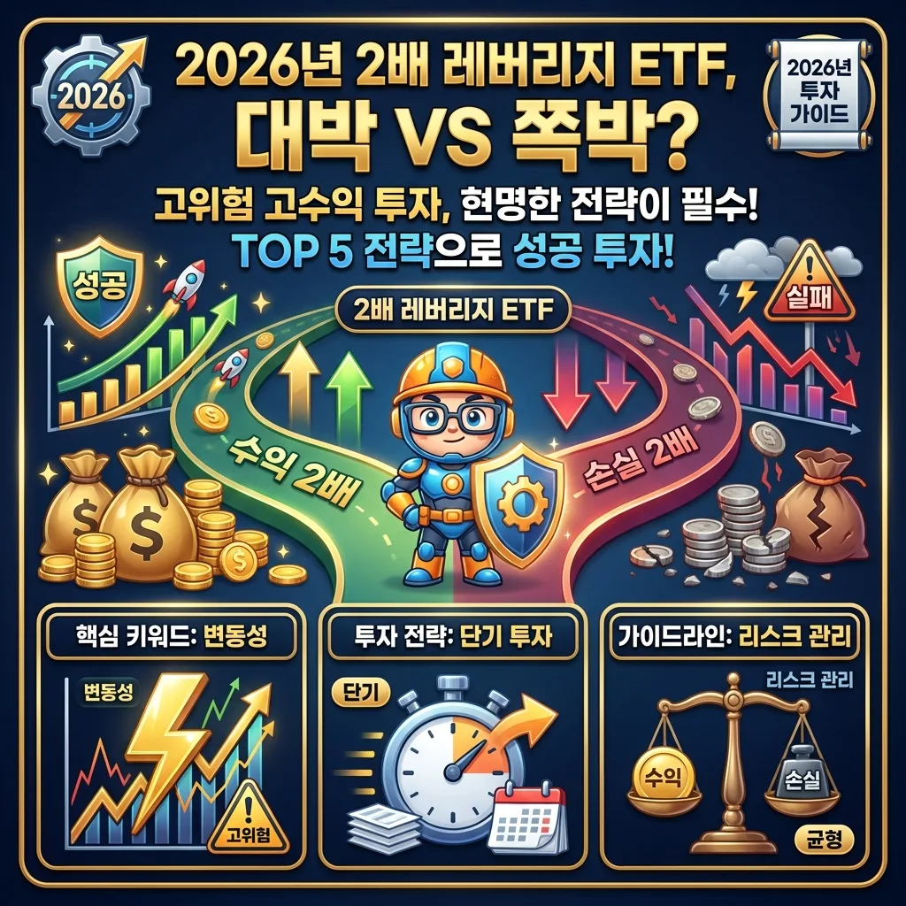 2배 레버리지 ETF의 핵심 개념인 2배 수익률 추구와 일일 복리 효과, 그리고 높은 변동성과 원금 손실 위험을 시각적으로 설명하는 인포그래픽. 2026년 배지 포함.