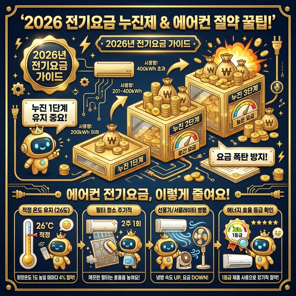 2026년 주택용 전기요금 누진제 구조와 벽걸이 에어컨 전기요금 절약 팁을 담은 인포그래픽. 누진 단계별 요금 증가를 시각화하고, 적정 온도 유지, 필터 청소, 선풍기 병행, 에너지 효율 등급 확인 등 실용적인 절약 방법을 아이콘과 함께 제시합니다.