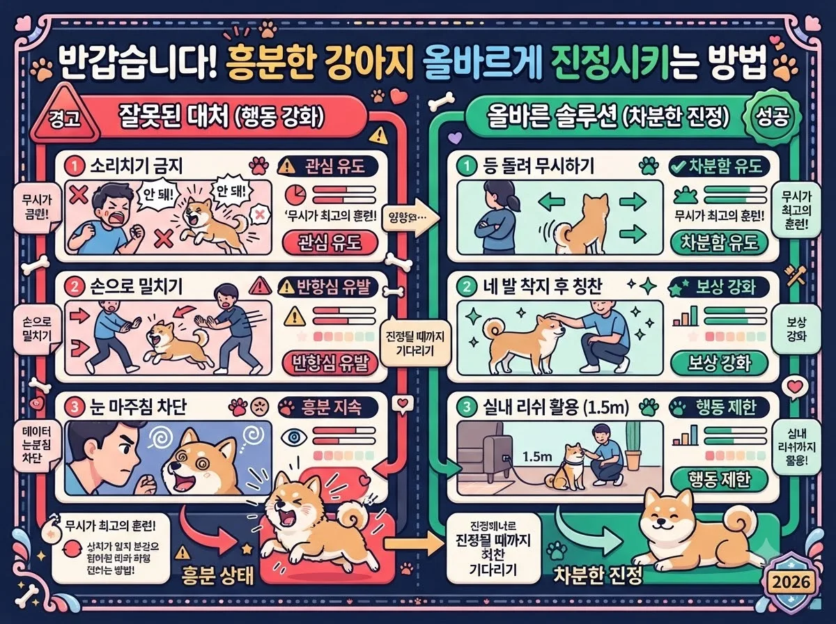 손님이 집에 왔을 때 반려견이 달려드는 상황에서 보호자가 흔히 하는 실수와 올바른 대처 행동 지침을 비교 정리한 안내도