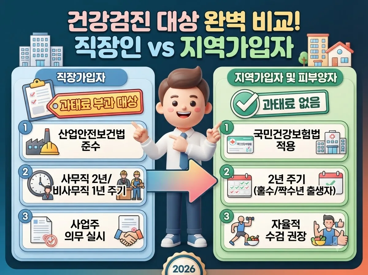 국가건강검진 미수검 시 직장가입자의 과태료 부과 규정과 지역가입자 및 피부양자의 차이점을 비교 설명하는 정보성 카드 인포그래픽입니다.