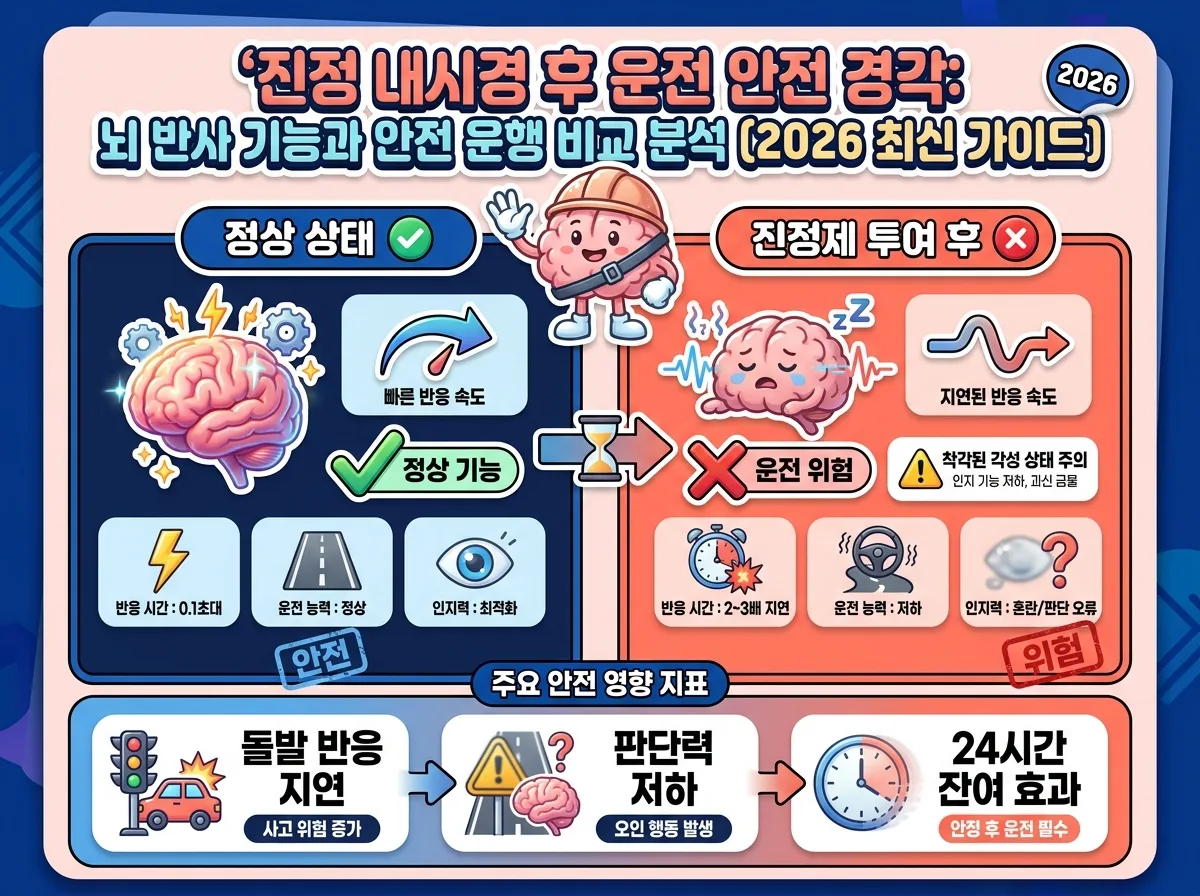 수면내시경 진정 약물이 뇌 인지 기능과 반사신경에 미치는 영향 및 운전 위험성을 비교한 인포그래픽