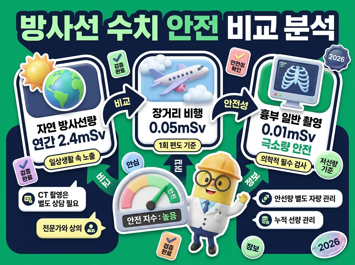 일상생활 속 자연 방사선과 흉부 검진 방사선량을 객관적으로 비교 분석한 수치 안전성 인포그래픽