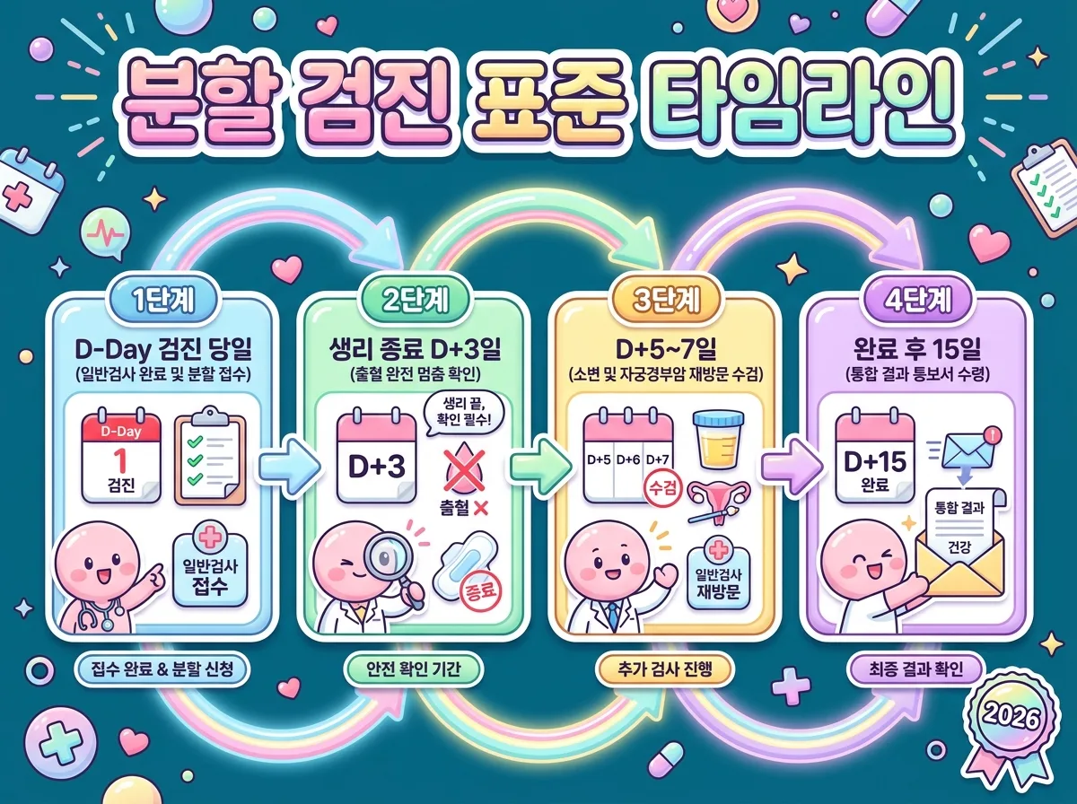 건강검진 당일 원무과 분할 접수부터 재방문 및 최종 결과 수령까지의 표준 일정표