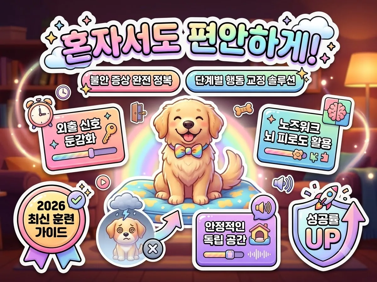 강아지 분리불안 극복을 위한 단계별 행동 교정법과 둔감화 훈련 및 환경 조성 팁을 한눈에 담은 종합 인포그래픽 썸네일 이미지입니다.