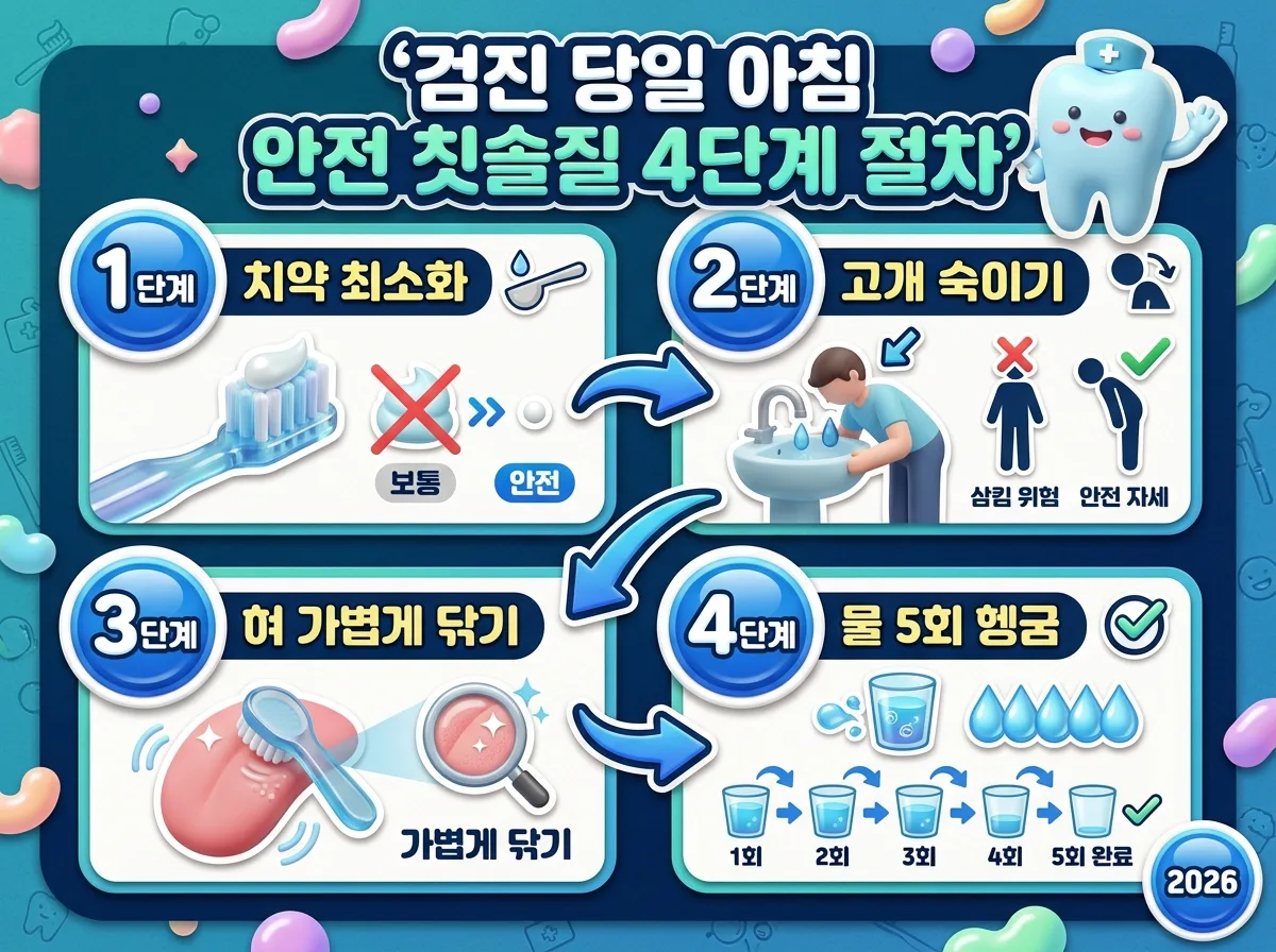 건강검진 당일 아침 안전하게 양치질을 진행하는 단계별 4단계 구강 위생 절차 인포그래픽
