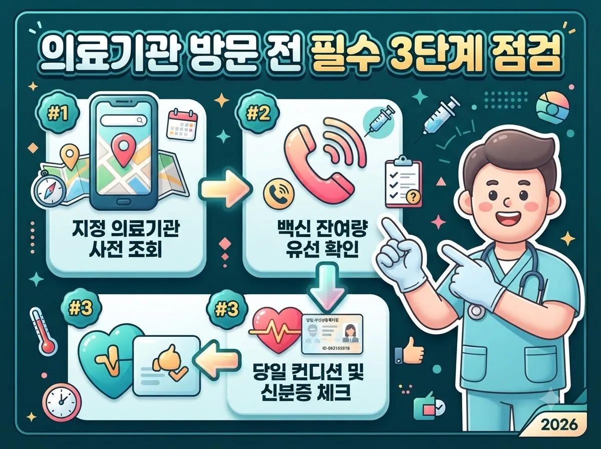 독감 예방접종을 받기 전 의료기관 조회와 잔여 백신 확인 등 필수적으로 거쳐야 할 3단계 절차 안내 이미지