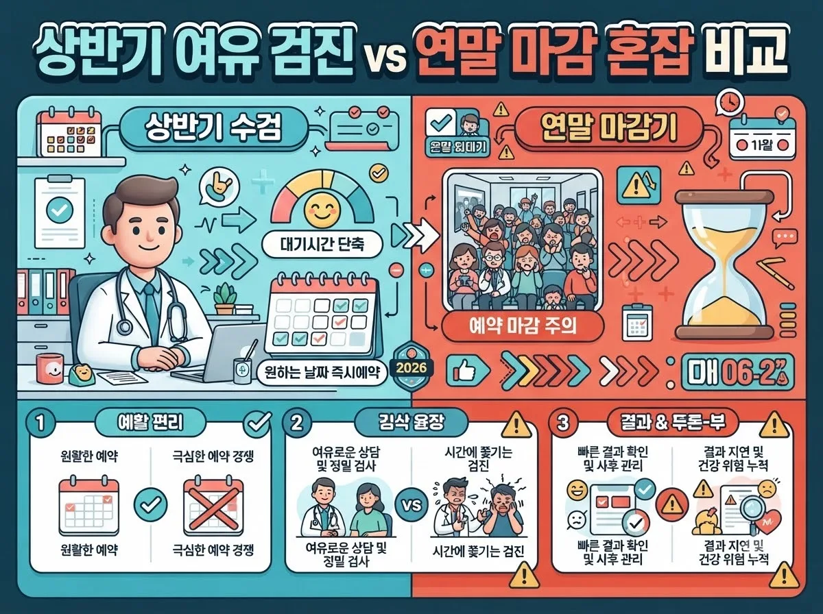상반기 여유로운 국가건강검진 수검과 연말 예약 마감 혼잡기를 장단점으로 나누어 직관적으로 비교한 인포그래픽 자료입니다.