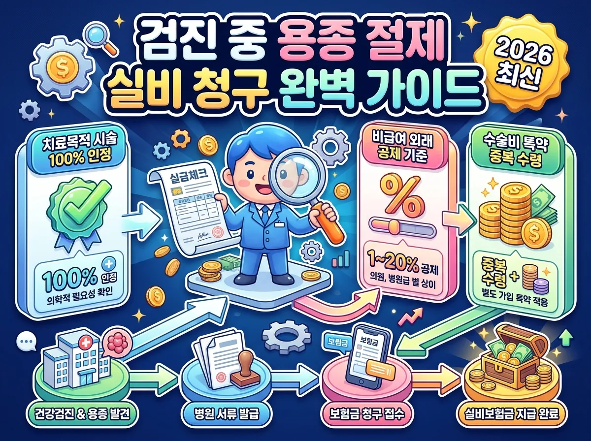 건강검진 중 발견된 용종 절제술의 실손의료비 청구 가능 여부와 질병수술비 특약 보장 기준을 한눈에 정리한 인포그래픽 포스터