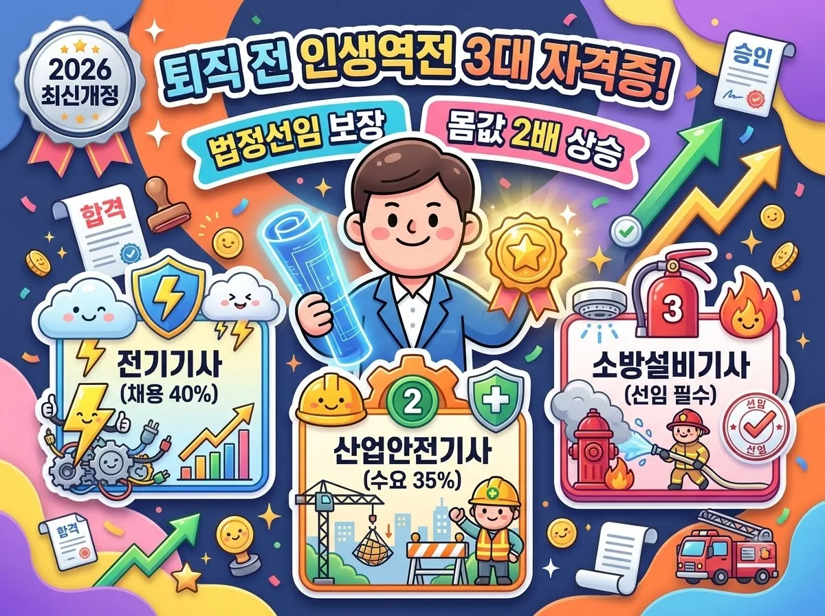 퇴직 전 재취업과 법정 선임을 대비하는 전기기사, 산업안전기사, 소방설비기사 3대 유망 자격증 안내 인포그래픽