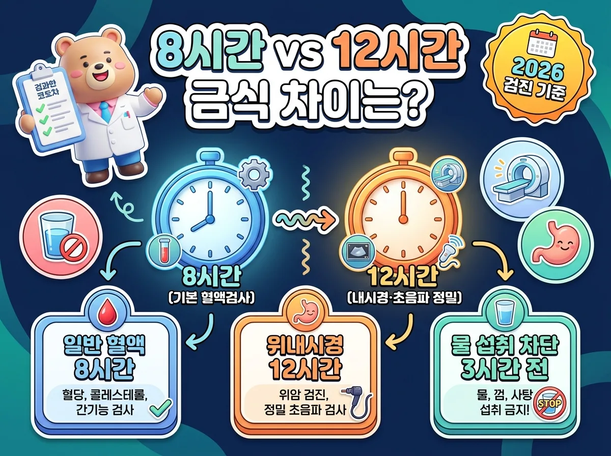 건강검진 전 8시간과 12시간 금식 기준 차이와 검사항목별 필수 공복 시간을 한눈에 비교 정리한 인포그래픽 포스터