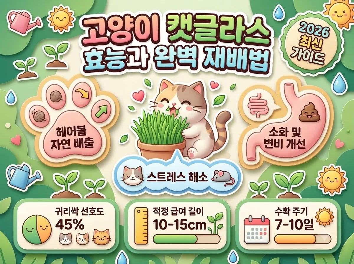 고양이 캣글라스 3대 효능과 귀리싹 재배 기준 및 적정 급여 길이를 안내하는 2026 인포그래픽 포스터