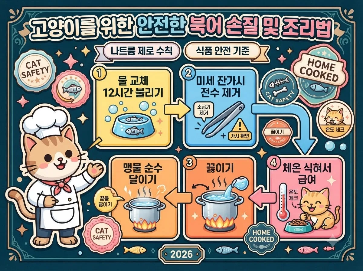 물에 불려 염분을 빼고 잔가시를 제거해 끓이는 고양이 황태국 4단계 안전 조리 순서도 인포그래픽