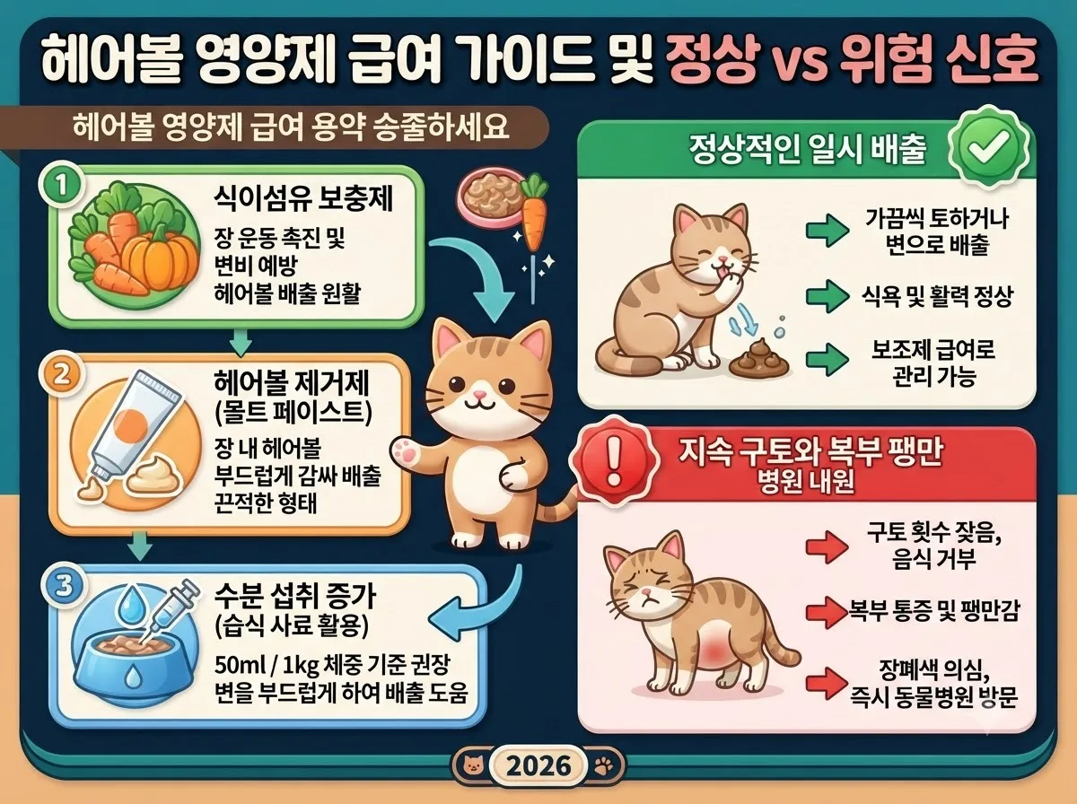 고양이 헤어볼 배출을 돕는 식이섬유 영양제 급여 기준과 정상 구토 및 동물병원 내원 위험 신호 비교표