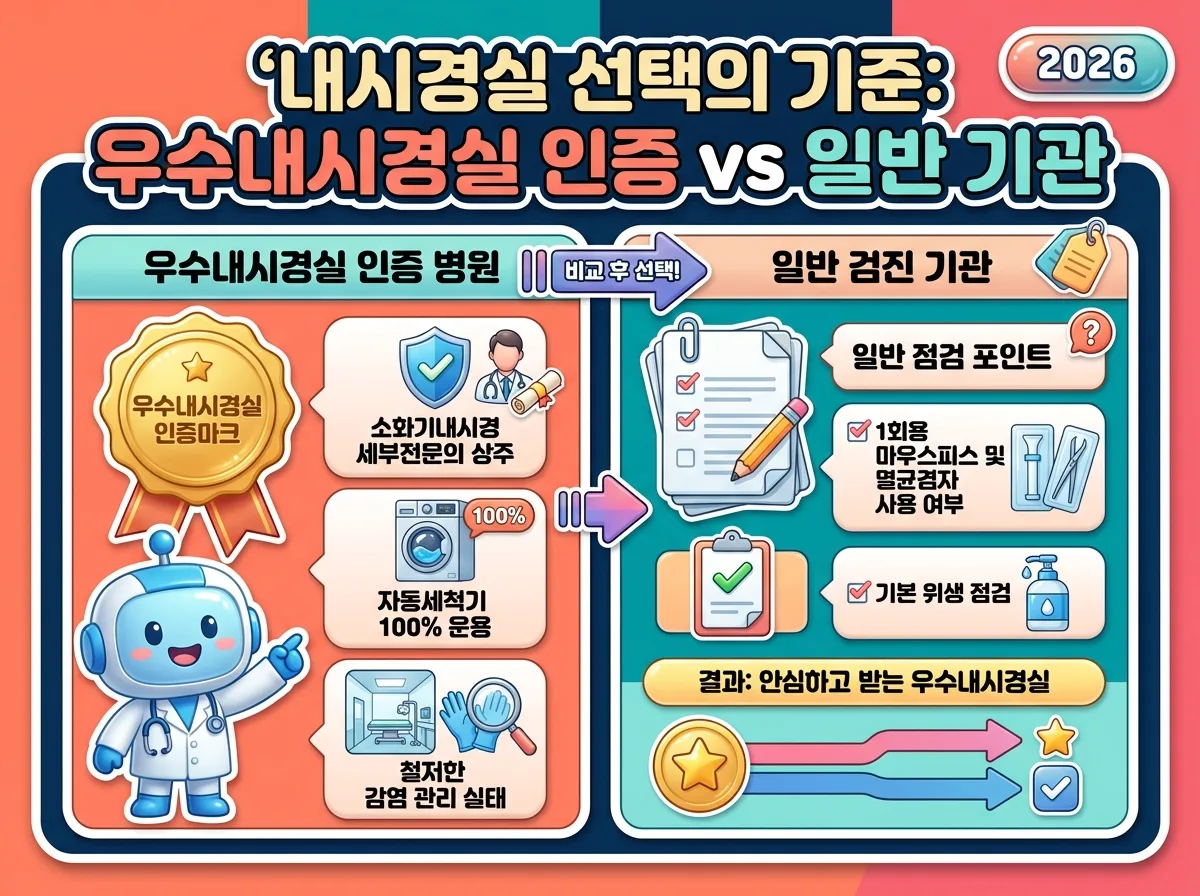 우수내시경실 인증마크 획득 병원의 세부 점검 항목과 환자 확인 체크리스트 비교 인포그래픽