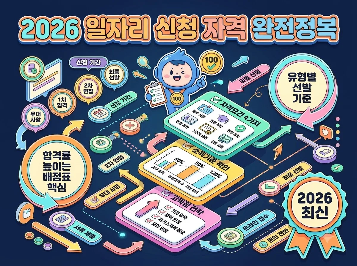 2026년 정부 일자리 신청 자격 4가지와 선발 배점표에서 합격 경쟁률을 높이는 핵심 기준을 요약한 인포그래픽 썸네일 포스터입니다.