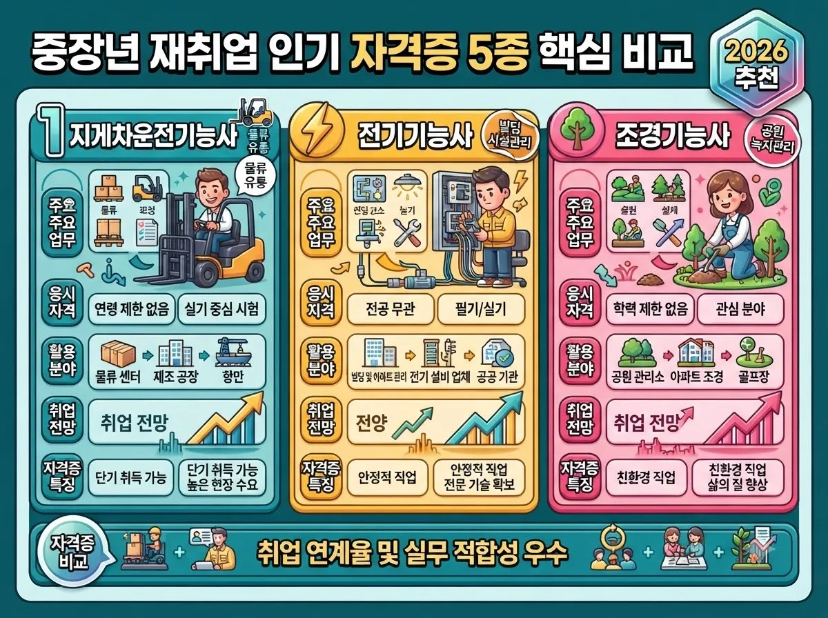 지게차운전 전기 조경 등 중장년 재취업 선호도가 높은 유망 기술 자격증 핵심 비교