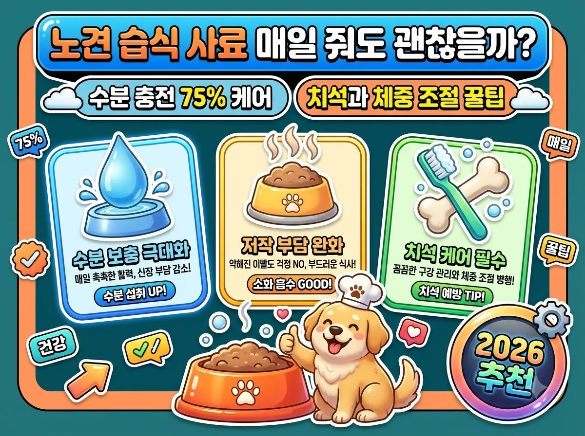 노견을 위한 습식 사료의 수분 보충 장점과 치아 관리 주의점을 한눈에 보여주는 2026 맞춤 영양 급여 인포그래픽 썸네일 포스터입니다.