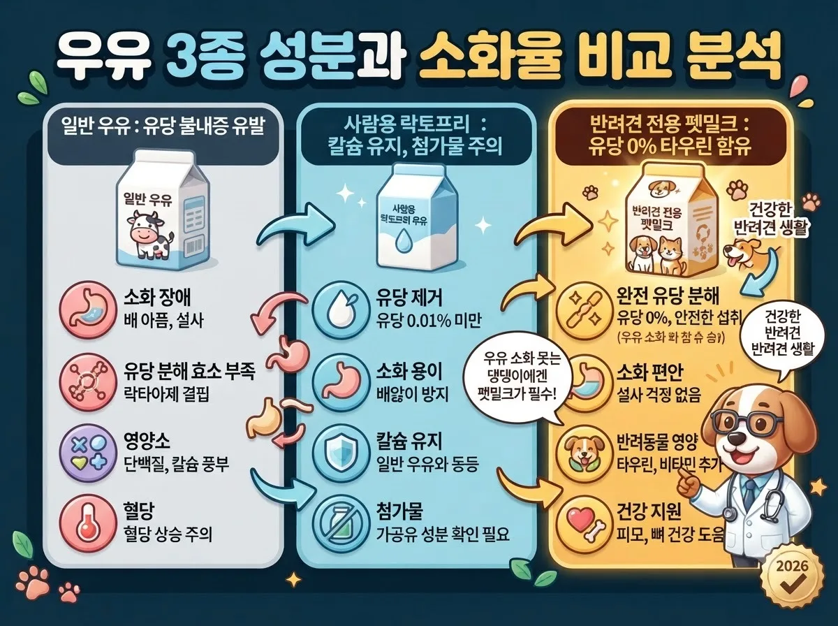 일반 우유와 사람용 락토프리 및 반려견 전용 펫밀크의 주요 성분과 유당 분해 차이를 나타낸 3단 비교 가이드 인포그래픽입니다.