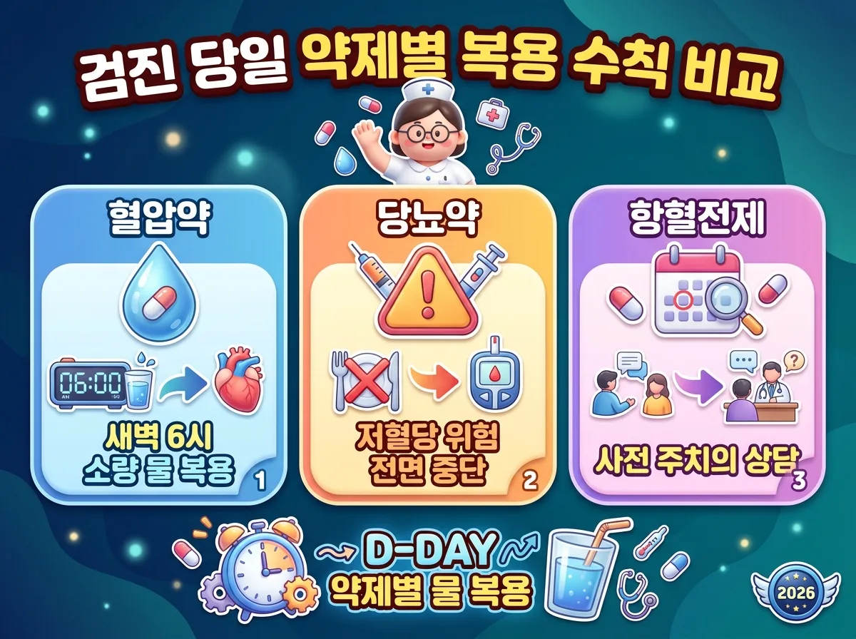 건강검진 당일 아침 혈압약 복용법과 당뇨약 중단 이유 및 항혈전제 확인 사항을 비교 안내하는 상세 인포그래픽 이미지입니다.