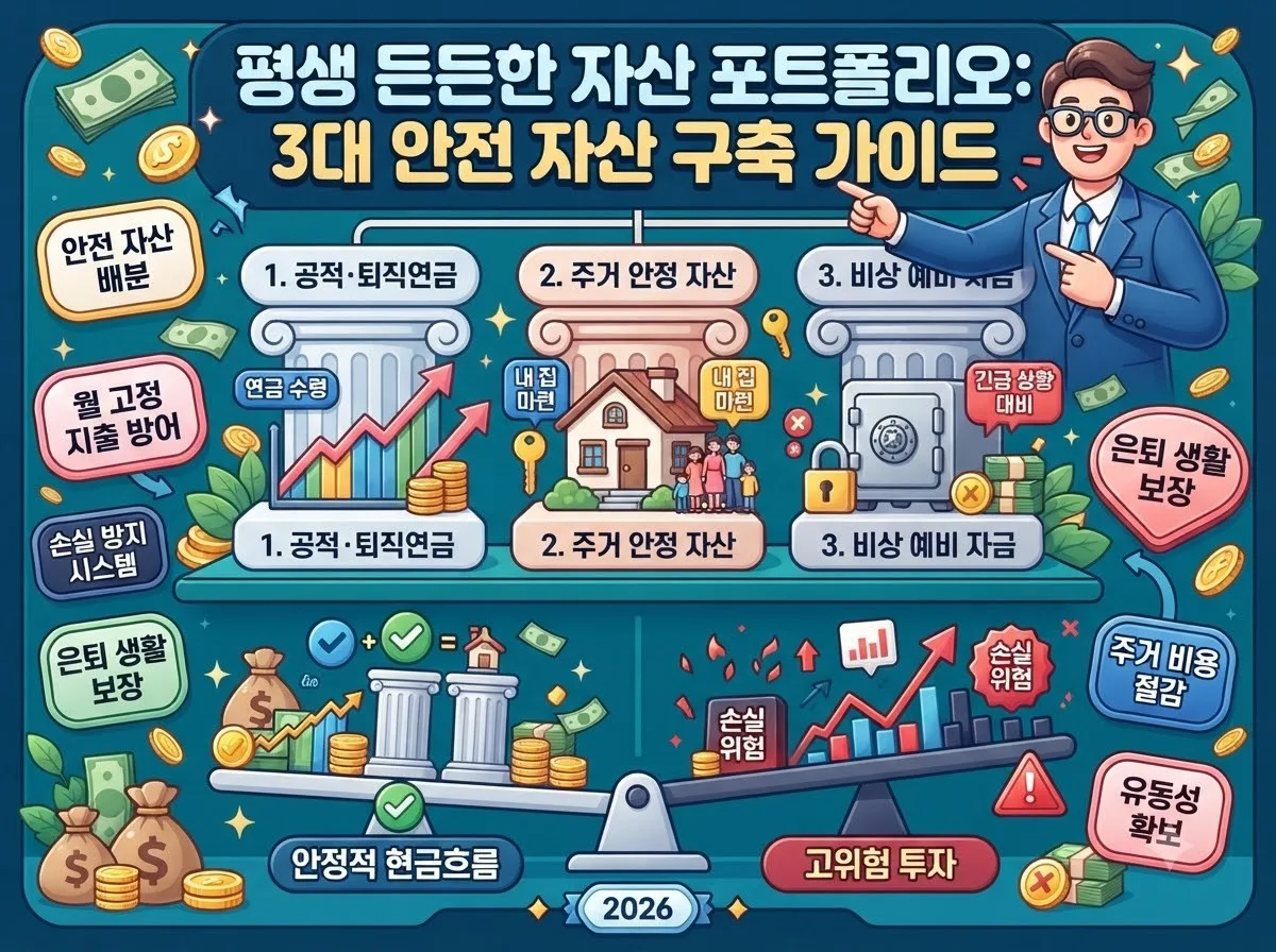 노후 생활 안정을 위한 권장 자산 배분 구조와 필수 현금흐름 유지 전략을 나타낸 정보성 인포그래픽