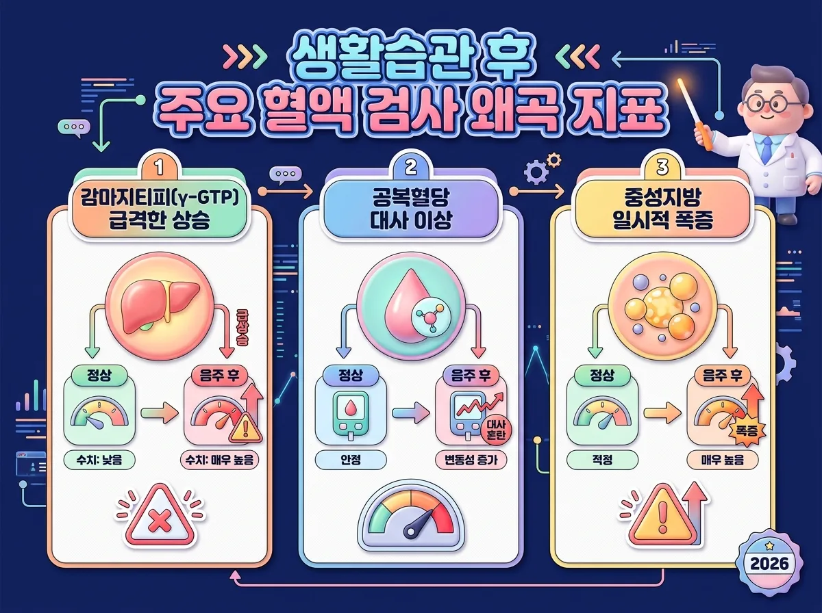 검진 전날 음주 시 간수치 감마지티피 상승과 공복혈당 및 중성지방 대사 왜곡 지표를 비교 설명하는 인포그래픽